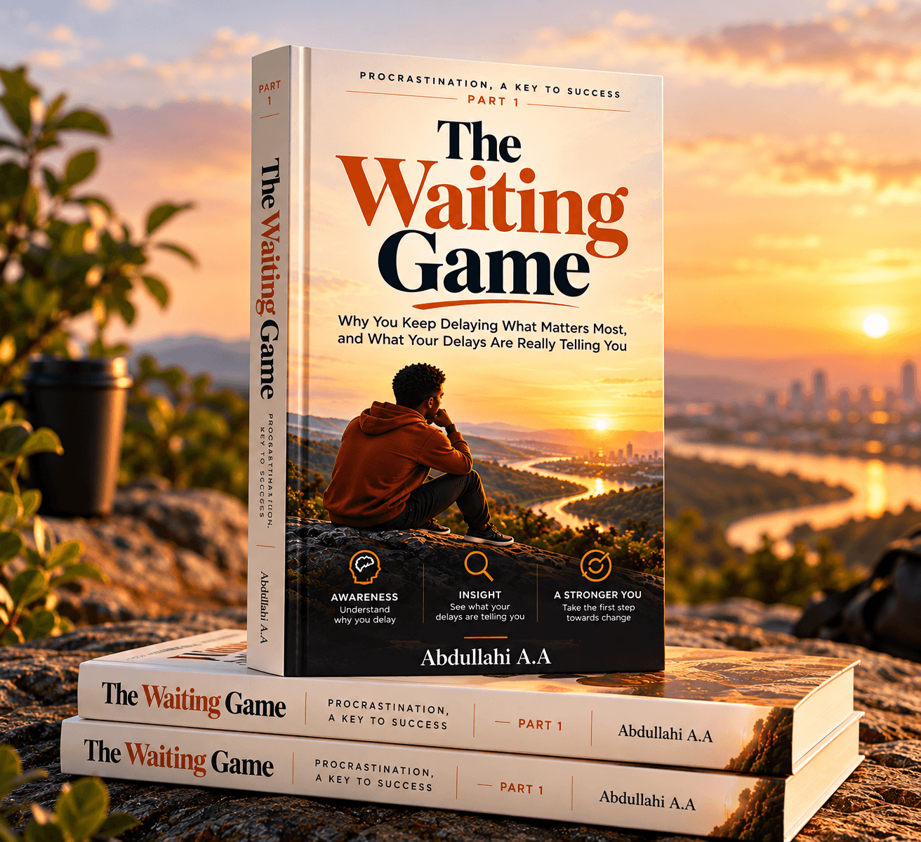 Illustrative mockup of The Waiting Game, Part 1, standing on a rock at sunset.
