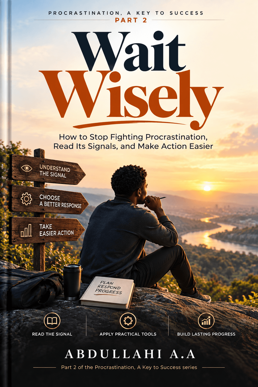 Cover of Wait Wisely, Part 2 of Procrastination, A Key to Success by Abdullahi A.A — a person beside signposts reading Understand the signal, Choose a better response, Take easier action.