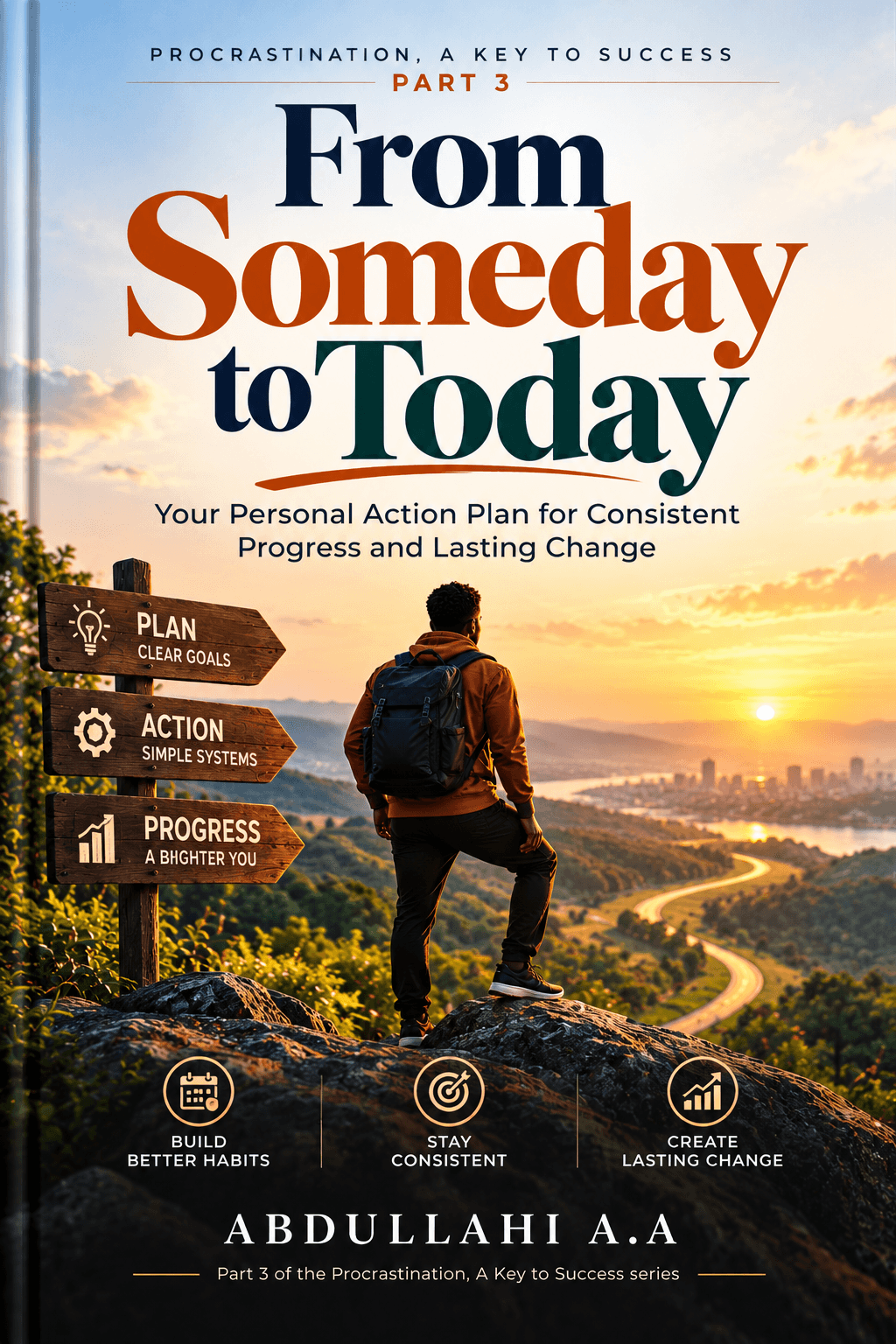 Cover of From Someday to Today, Part 3 of Procrastination, A Key to Success by Abdullahi A.A — a hiker beside signposts reading Plan, Action, Progress.