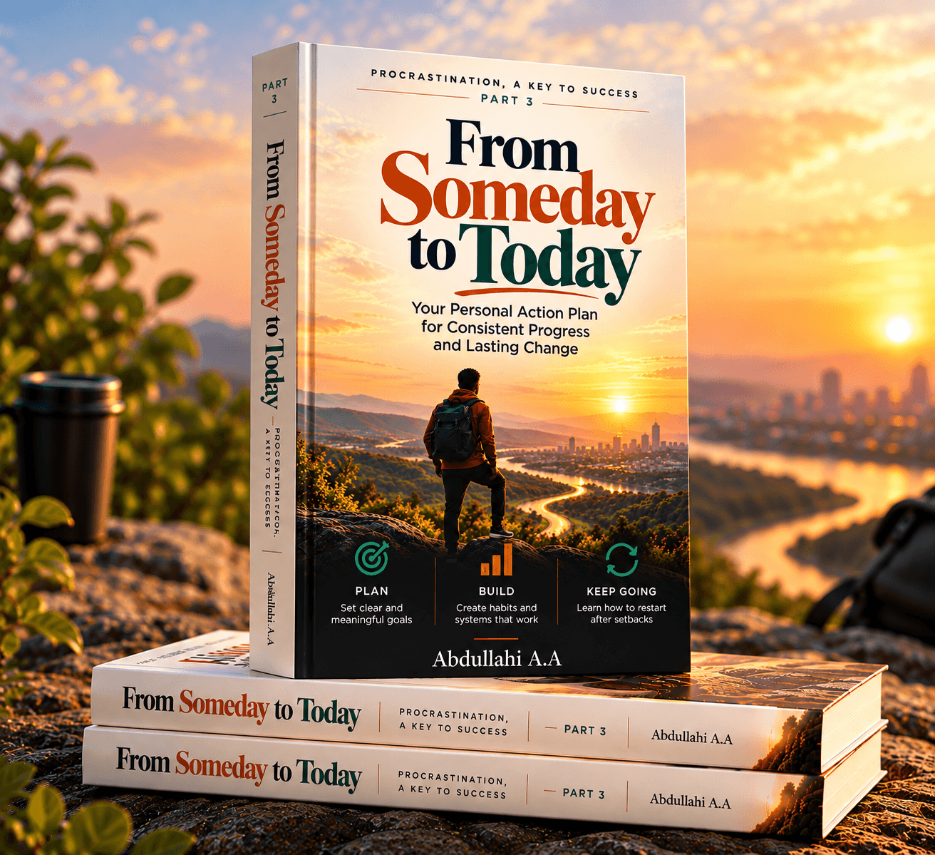 Illustrative mockup of From Someday to Today, Part 3, standing on two copies of the book at sunset.