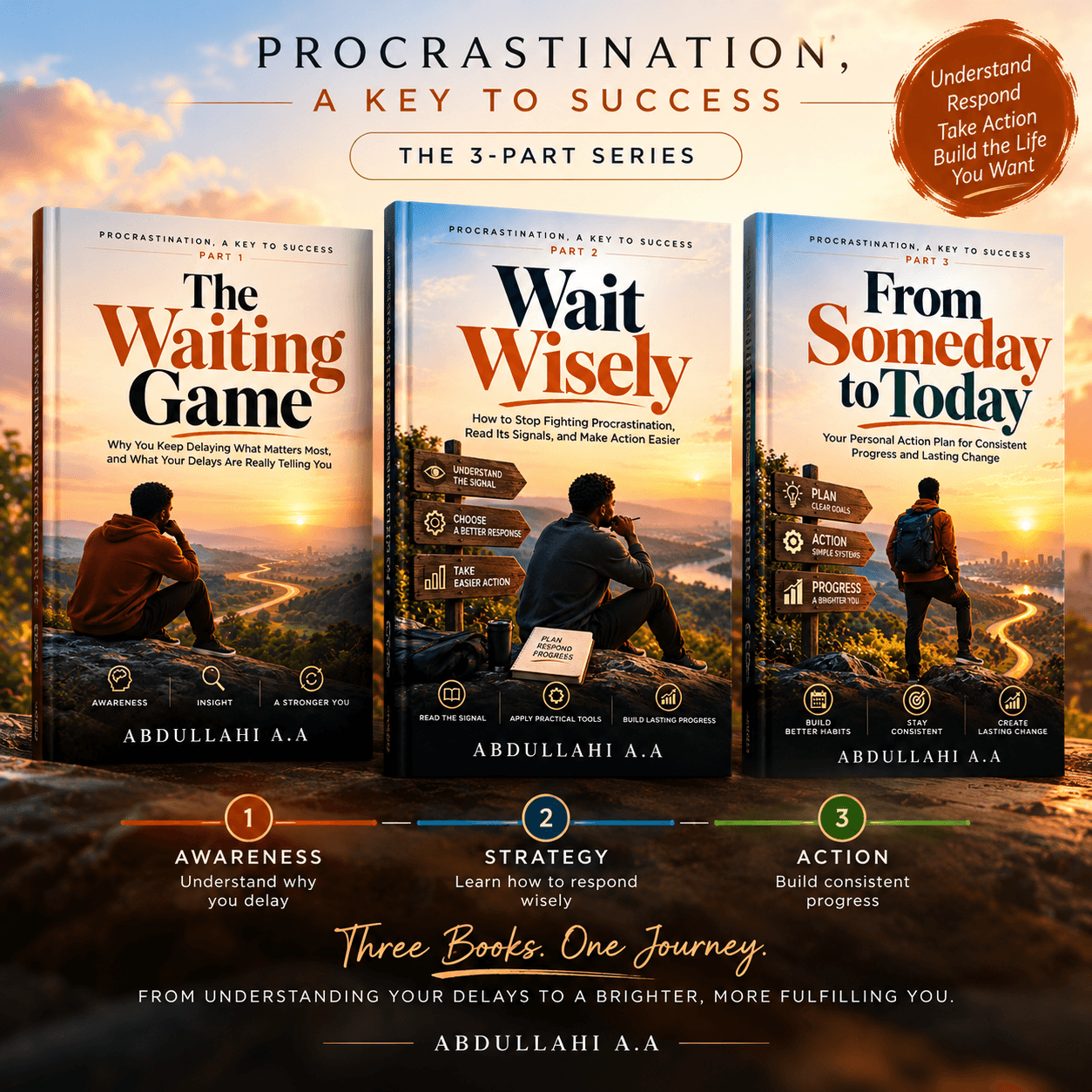 The three books of Procrastination, A Key to Success side by side — The Waiting Game, Wait Wisely and From Someday to Today — with the stages Awareness, Strategy and Action. Three Books. One Journey.